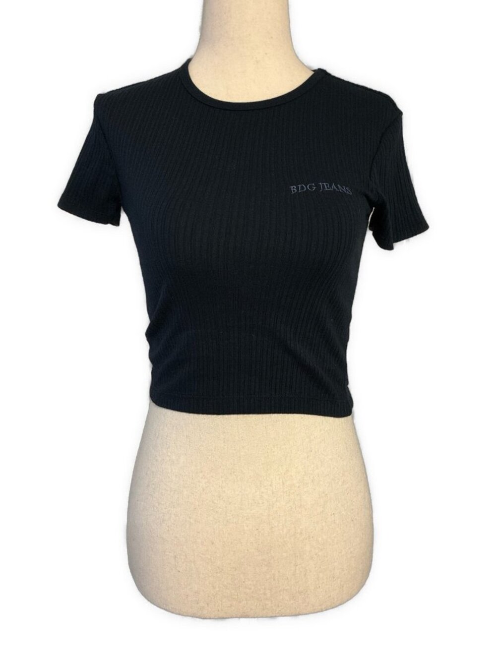 BDG Urban Outfitters Navy Ribbed Embroidered Short Sleeve Crop Top Size Small